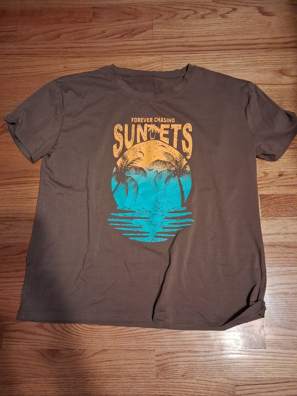 Womens Sunsets Graphic Tee in Brown with Yellow & Teal Print